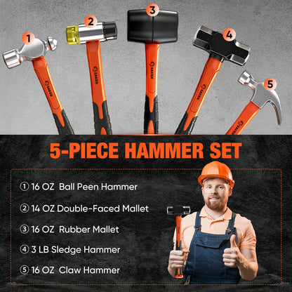 Saker 5-Piece Hammer Set,3lb Sledge Hammer,16oz Rubber Mallet, 16oz Ball Peen Hammer & Claw Hammer, 7oz Cross Peen Hammer for Home Repair & DIY Projects