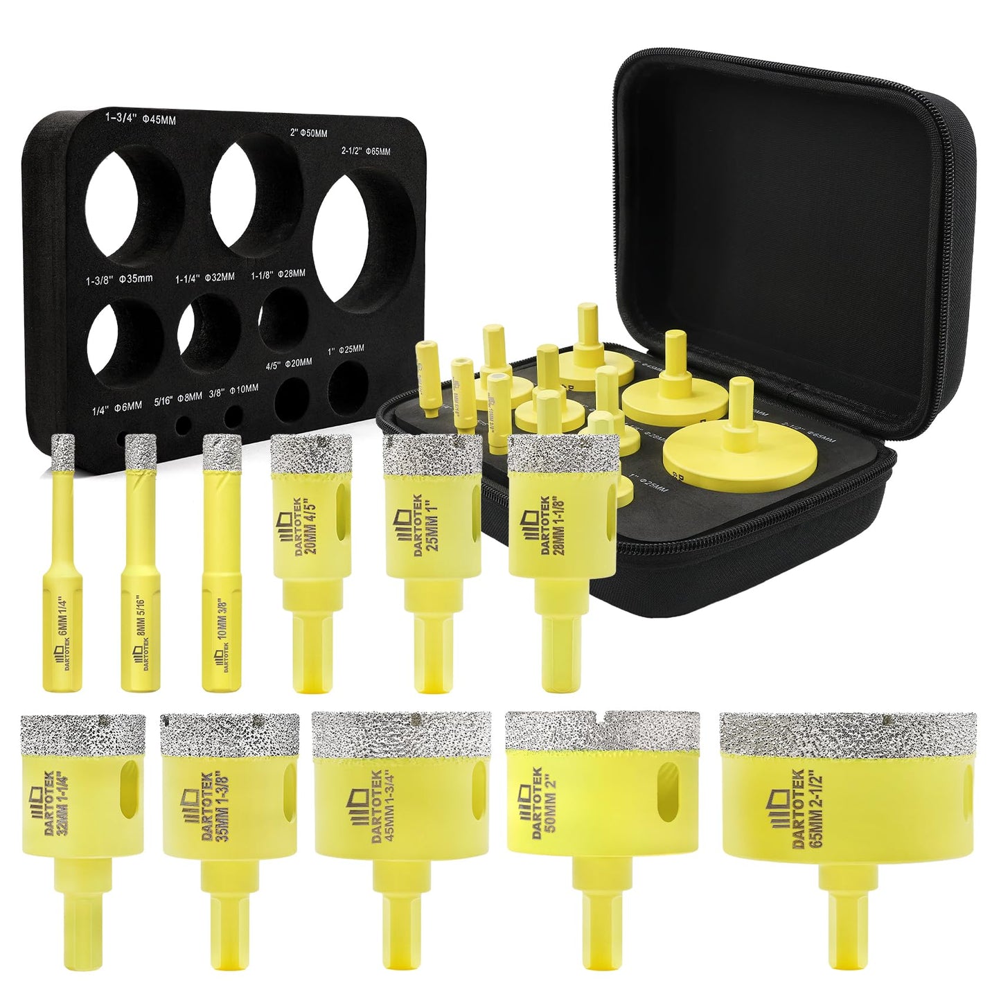 Diamond Core Drill Bits Set for Tile, DARTOTEK 10PCS Porcelain Hole Saw Kit with Aluminum Case, (6/6/8/20/35/50/65mm+2" Chamfer bit +SDS Adapter, Dry/Wet Drilling for Ceramic, Granite & Marble