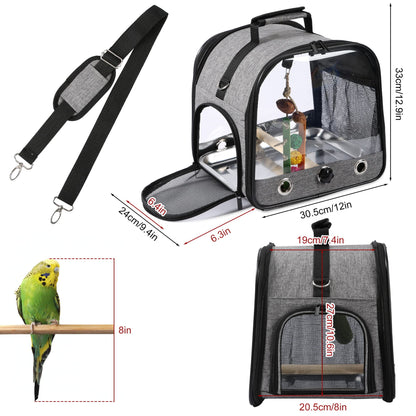 Bird Carrier Bag with Stand, Lightweight Backpack for Parrot, Portable Cockatiel Travel Cage with Accessories, Pet Transparent Breathable Carrier, Gray