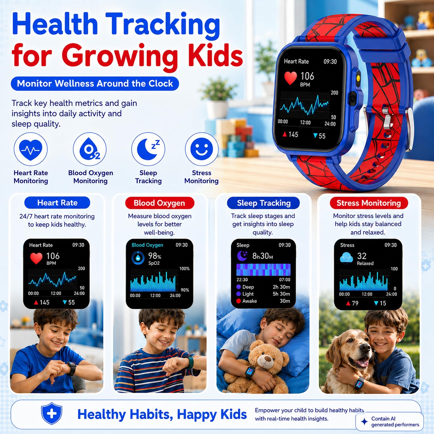 Smart Watch for Kids Boys Age 5-12, Ai Functions Games HD Touch Screen Watches with Video Camera Music Player Pedometer Heart Rate Sleep Tracker Christmas Birthday Gifts for Boys (Camouflage, 1.85")