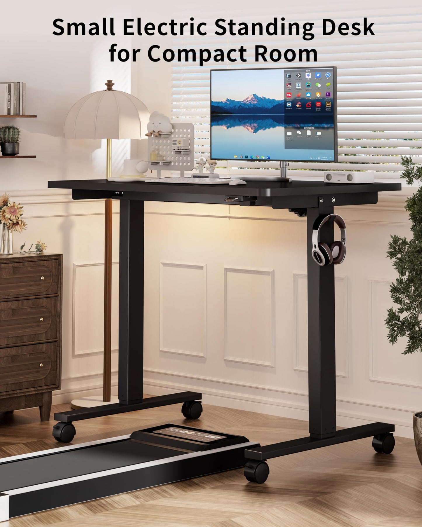 Okin Small Electric Standing Desk, 36" x 24" Whole Piece Height Adjustable Desk, Oak Sit to Stand Computer Workstation with Wheels for Home Office