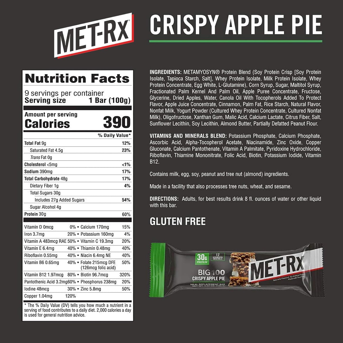 MET-Rx Big 100 Protein Bar, Meal Replacement Bar, 30G Protein, Salted Caramel Brownie Crunch, 9 Count, 3.52 Oz.(Packaging may vary)