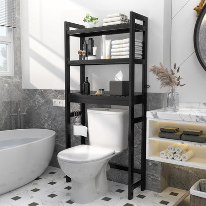 Homykic Over The Toilet Storage, Bamboo Over Toilet Bathroom Organizer Rack, Freestanding Bathroom Shelves Above Toilet Storage with 3 Hooks, Bathroom Space Saver, No Rust, Easy to Assemble, White