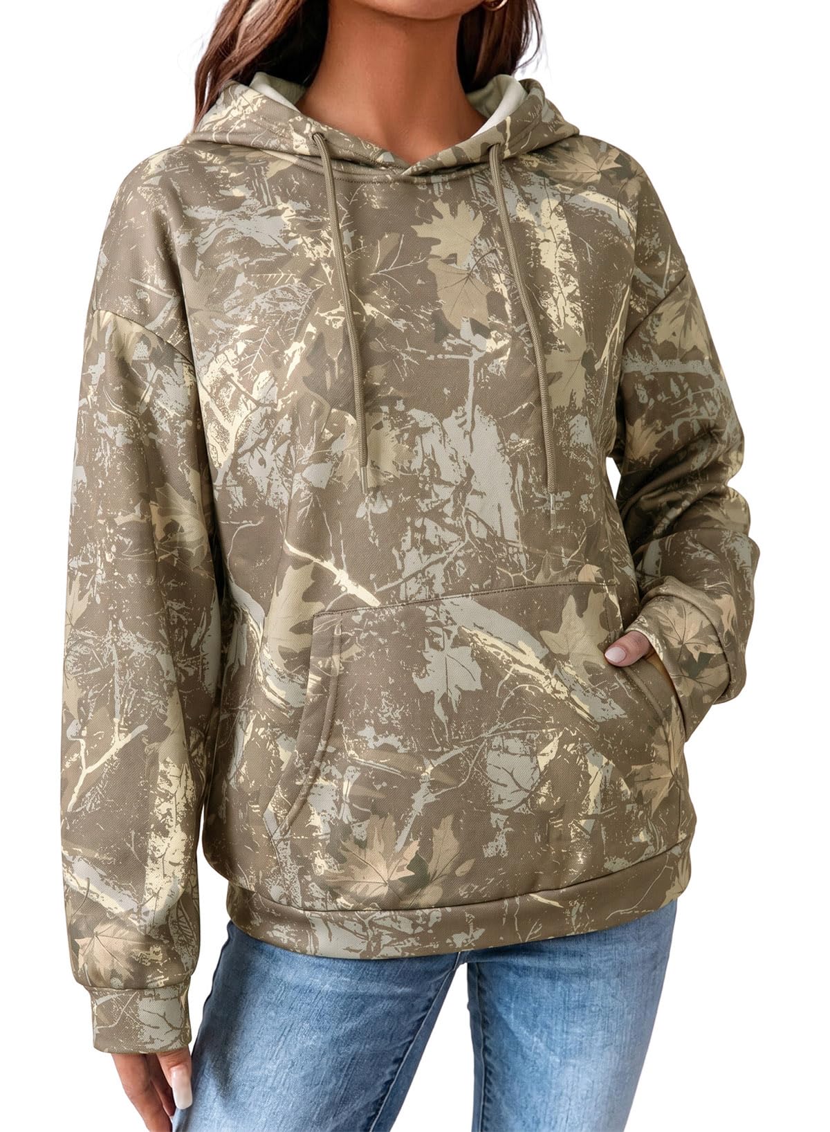 Dokotoo Hoodies for Women Long Sleeve Maple Leaf Fleece Camo Hoodie Oversized Camouflage Casual Sweatshirt Hooded Tops