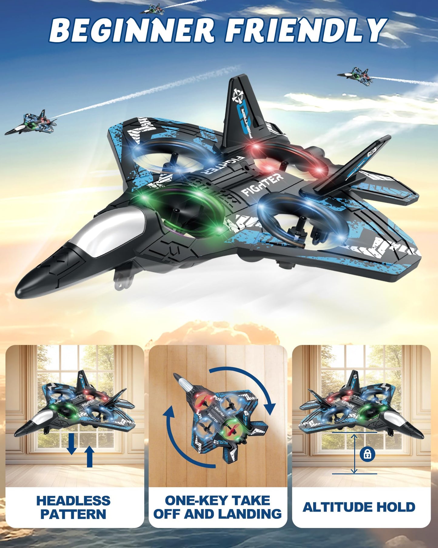JoyRapt Form RC Plane Drones for Kids, Remote Control Airplane, Aircrafts for Boys and Girls, Jet Helicopter Drones with LED Lights 360° Flip, 4 Rechargeable Batteries (Two Pack)