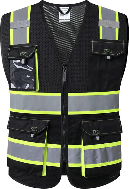 JKSafety Hi Vis Reflective Safety Vests for Men Women High Visibility Vest with Pockets Mesh Fabric Construction Safety Apparel Neon Vest for Work (220-Yellow L)