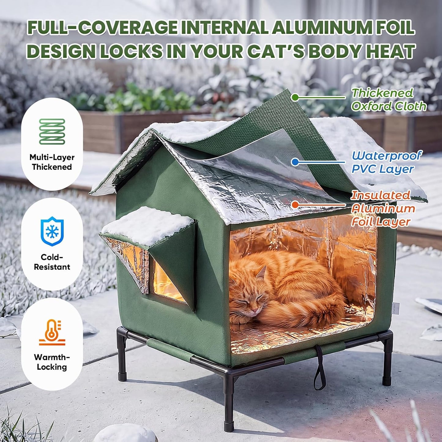 JUNSPOW Outdoor Cat House Weatherproof - All-Season Insulated Cat Shelter for Stray & Feral Cats, Spacious 17.7" L x 15.7" W x 21.6" H Interior, Waterproof & Windproof Design for Yard, Porch, Garage