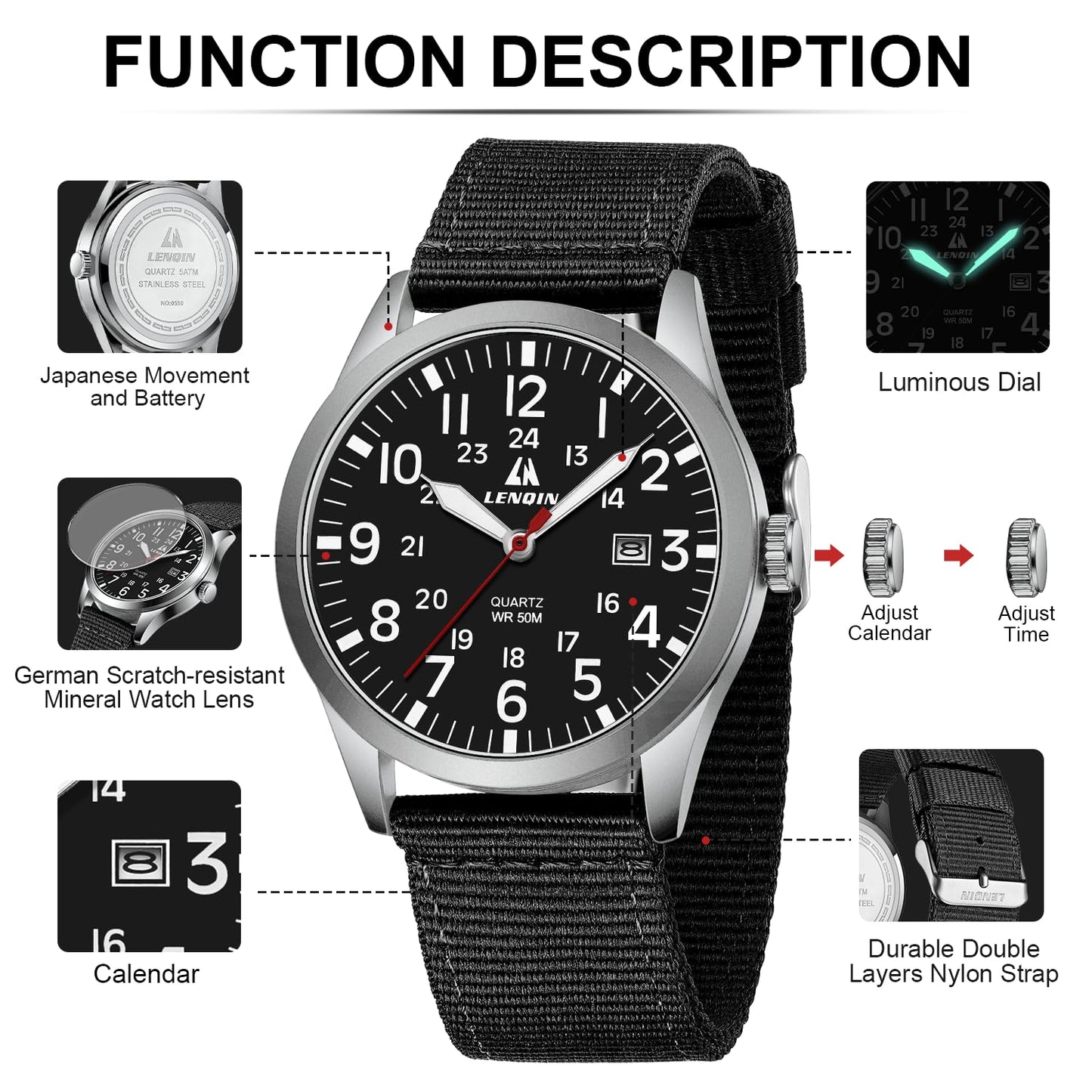 LN LENQIN Mens Watches Unisex Military Sport Nylon Strap Stylish Luminous Fashion Analog Quartz Watch for Men Waterproof Army Tactical Casual Wristwatch