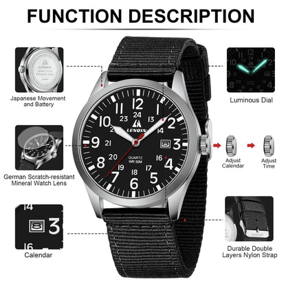 LN LENQIN Mens Watches Unisex Military Sport Nylon Strap Stylish Luminous Fashion Analog Quartz Watch for Men Waterproof Army Tactical Casual Wristwatch