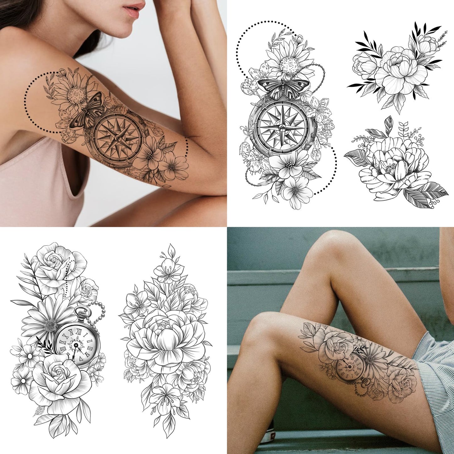 Yazhiji 36 Sheets Temporary Tattoos Stickers, 12 Sheets Fake Body Arm Chest Shoulder Tattoos for Men or Women with 24 PCS Tiny Black Tattoos