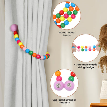 KLOGTSIND Magnetic Curtain Tiebacks, Curtain Holdbacks for Curtains 2 Pack, Wood Bead Curtain Holders for Boho Bedroom Decor, Baby Nursery Decor, Farmhouse Decor