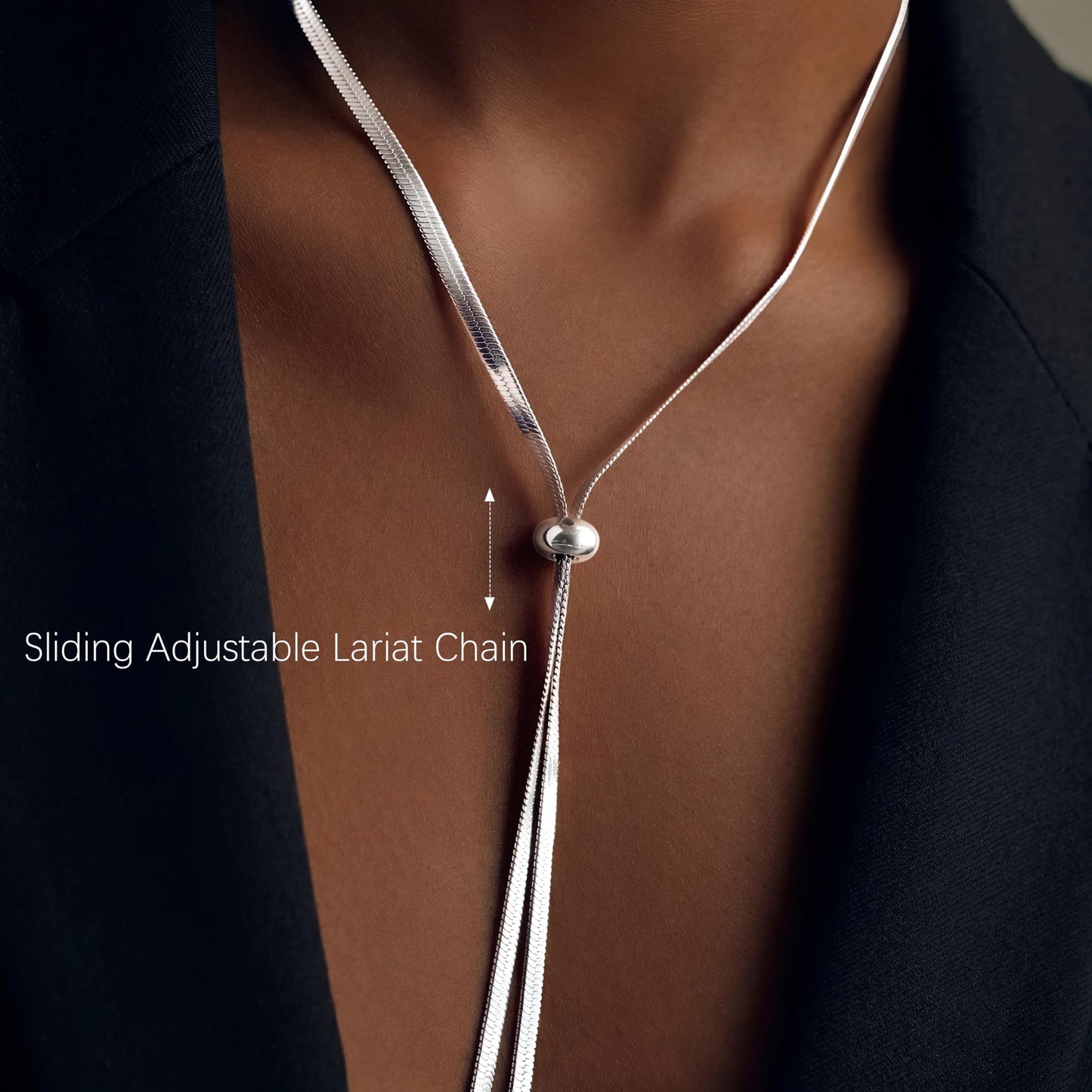 Chunky Long Y Necklace for Women, Waterproof Herringbone Drop Dangle Necklace, Adjustable Lightweight Trendy Fashion Slip Tie Necklace, Thin Layered Choker Chest Chain