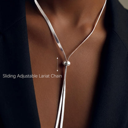 Chunky Long Y Necklace for Women, Waterproof Herringbone Drop Dangle Necklace, Adjustable Lightweight Trendy Fashion Slip Tie Necklace, Thin Layered Choker Chest Chain