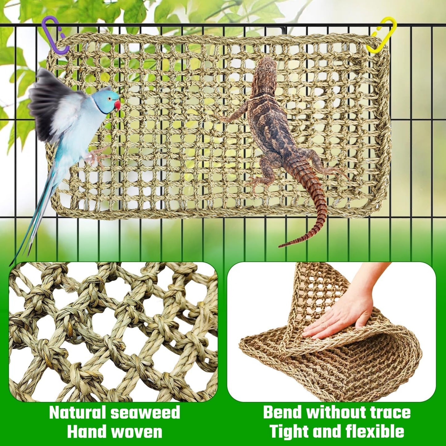 Bird Seagrass Mat 30 x 7 Inch Parrot Natural Seagrass Woven Net Hammock Parakeet Climbing Rope Ladder Mat Chew Toys Cage Accessories for Pigeon Macaw Cockatiel Conure Cockatoo Rat Bearded Dragon