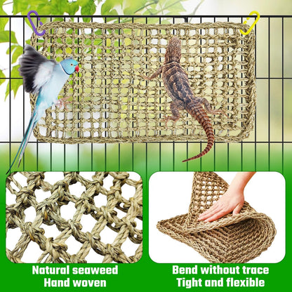 Bird Seagrass Mat 30 x 7 Inch Parrot Natural Seagrass Woven Net Hammock Parakeet Climbing Rope Ladder Mat Chew Toys Cage Accessories for Pigeon Macaw Cockatiel Conure Cockatoo Rat Bearded Dragon