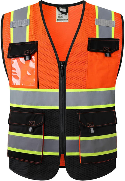 JKSafety Hi Vis Reflective Safety Vests for Men Women High Visibility Vest with Pockets Mesh Fabric Construction Safety Apparel Neon Vest for Work (220-Yellow L)