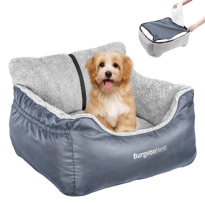 BurgeonNest Dog Car Seat for Small Dogs, Soft Pet Car Travel Home Bed Under 25 lbs, Fully Detachable and Washable Cat Booster Carseats with Storage Pockets and Clip-On Leash Portable Carrier,Black