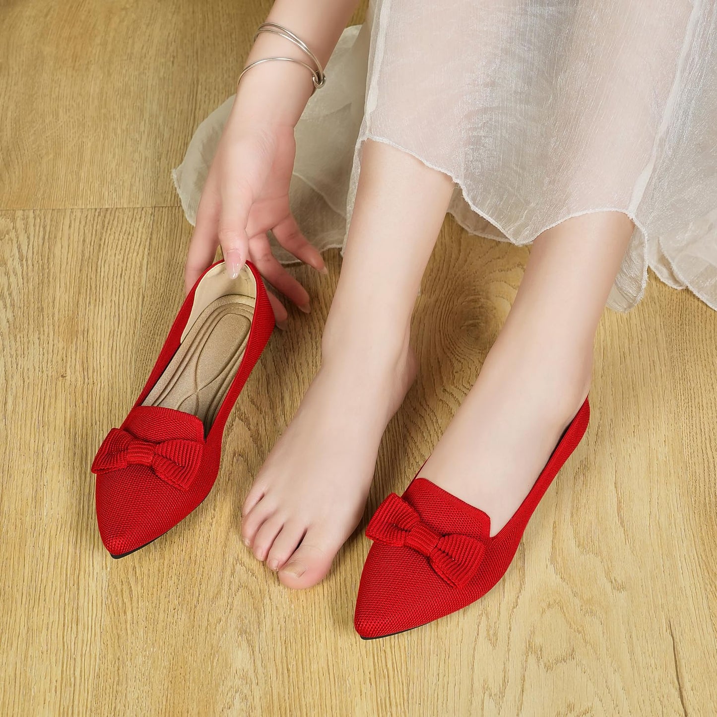 Flats for Women Mesh Ballet Flats with Bow Pointed Toe Comfortable Dressy Knit Breathable for Work Office