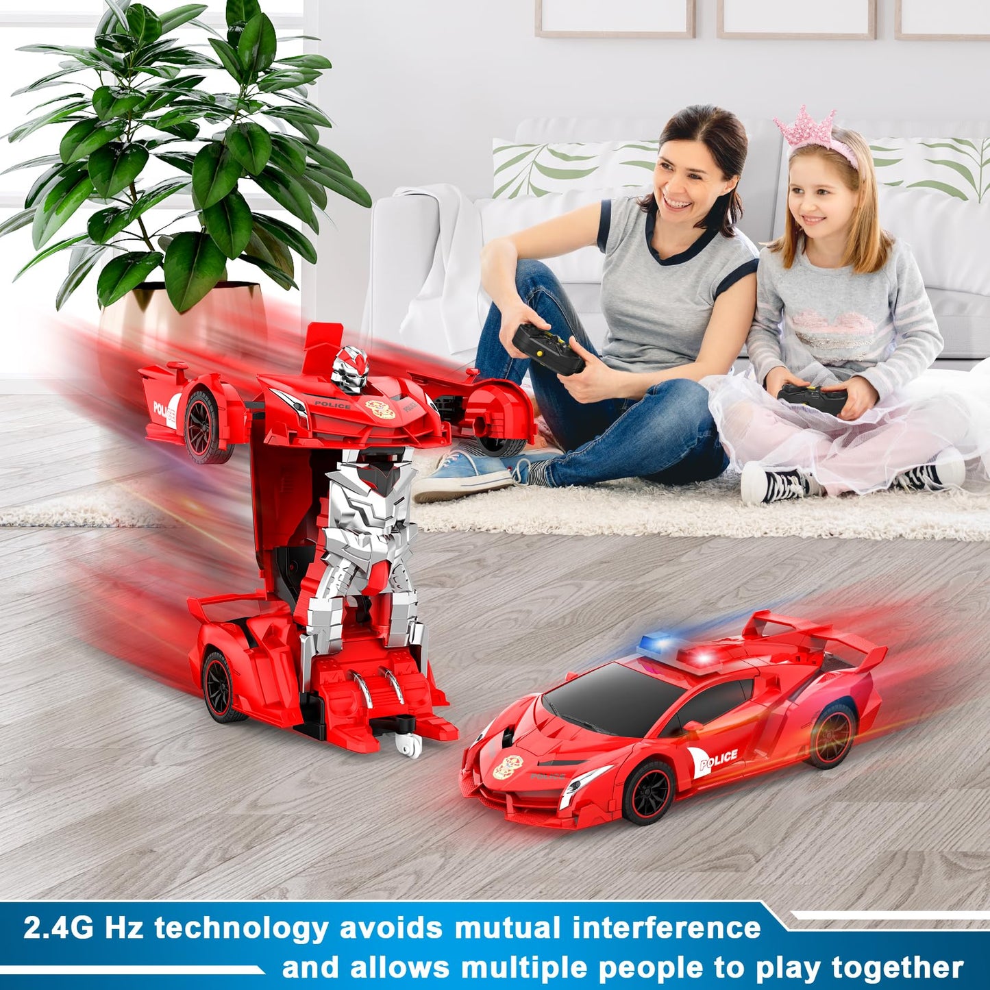 FDJ Remote Control Car - Transform Toys Car Robot, One Button Deformation to Robot with Flashing Light, 2.4Ghz 1:18 Scale Transforming Police Car Kids Toys with 360 Degree Rotating, Girls Boys Toys