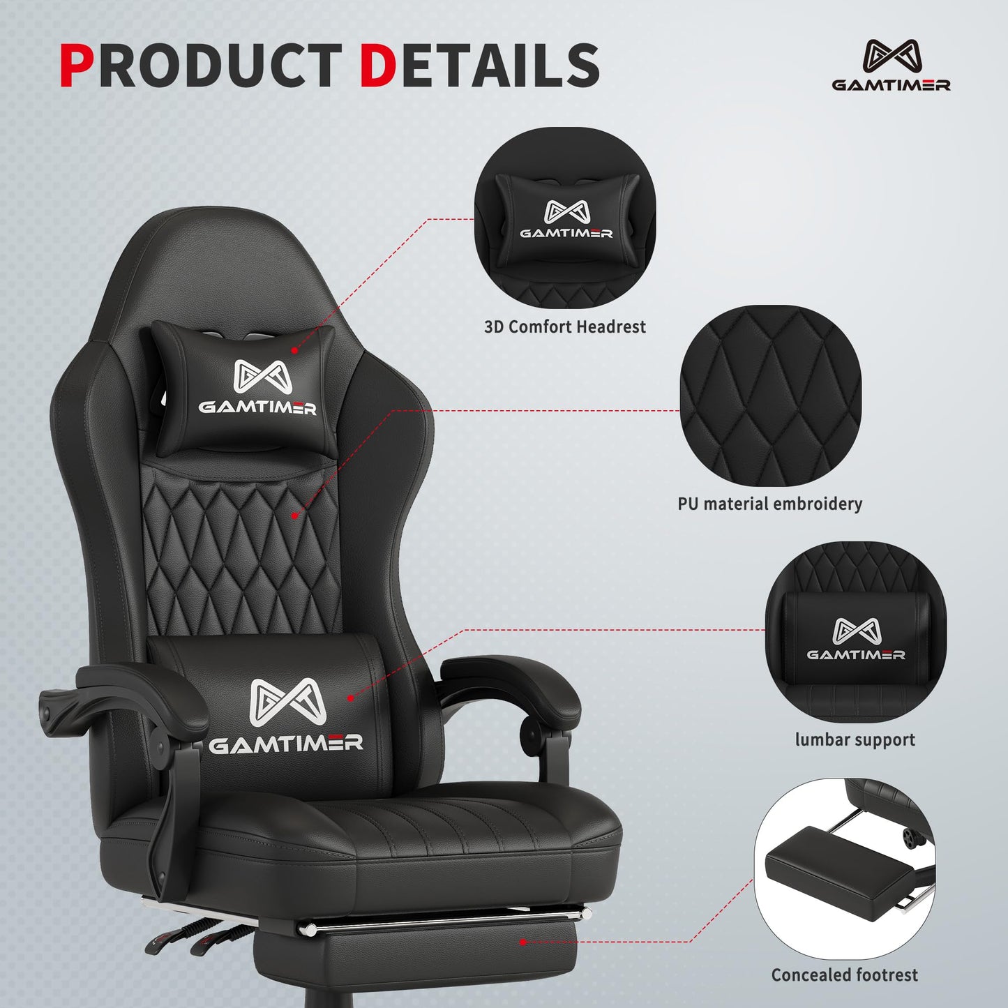 Gamtimer Gaming Chair with Footrest, Ergonomic Computer Chair, PU Breathable Material with Headrest and Lumbar Support, Suitable for Silla Gamer and Adults（Grey）