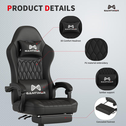 Gamtimer Gaming Chair with Footrest, Ergonomic Computer Chair, PU Breathable Material with Headrest and Lumbar Support, Suitable for Silla Gamer and Adults（Grey）