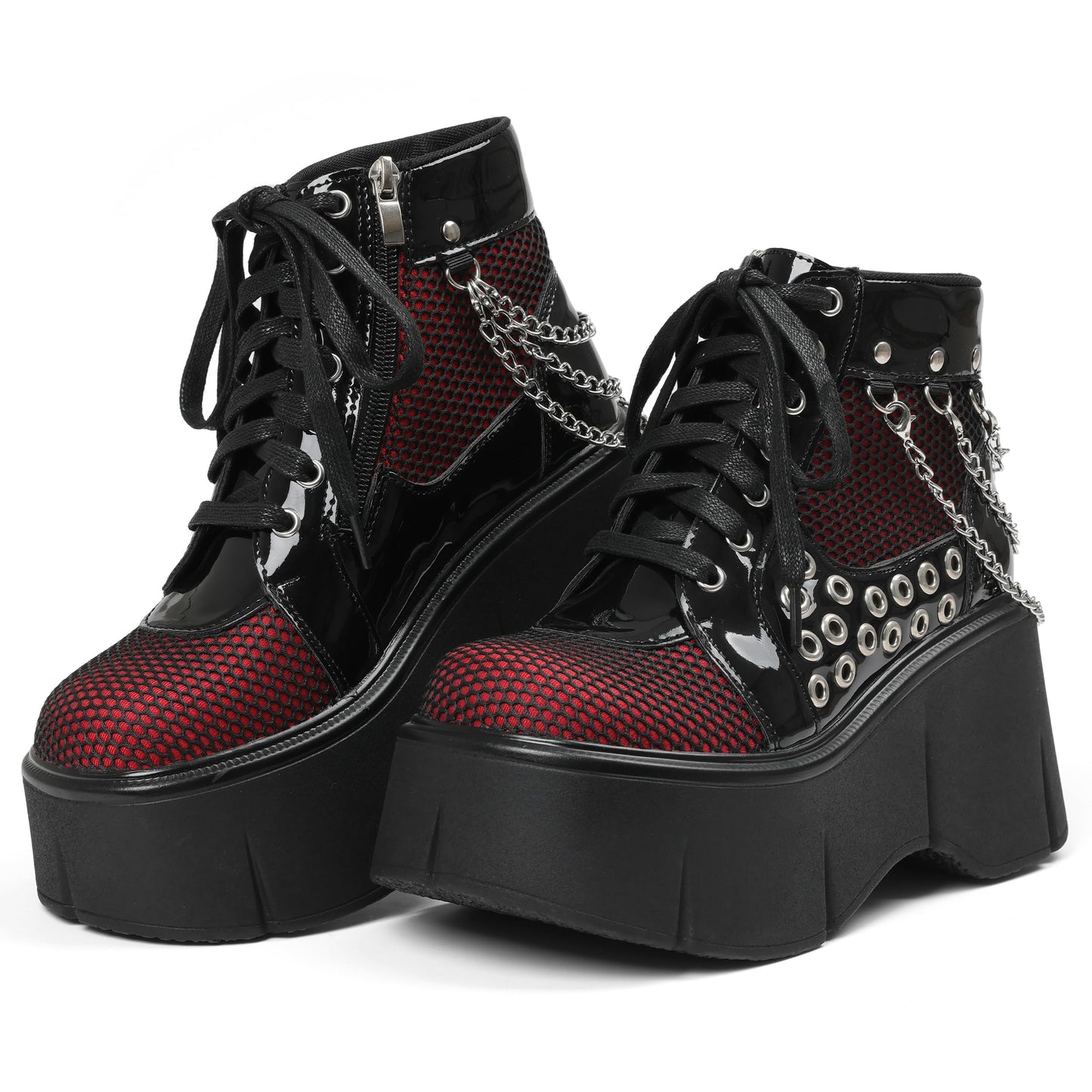 Women's Black Platform Boots Wedge Goth Round Toe Lace Up Chain Mesh Punk Combat Ankle Booties