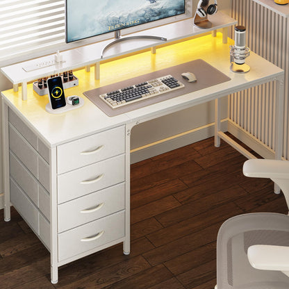 Huuger 47 Inch Computer Desk with Power Outlets and LED Lights, Gaming Desk with 4 Drawers, Office Desk with Monitor Stand, Study Work Home Office, Small Spaces, Black