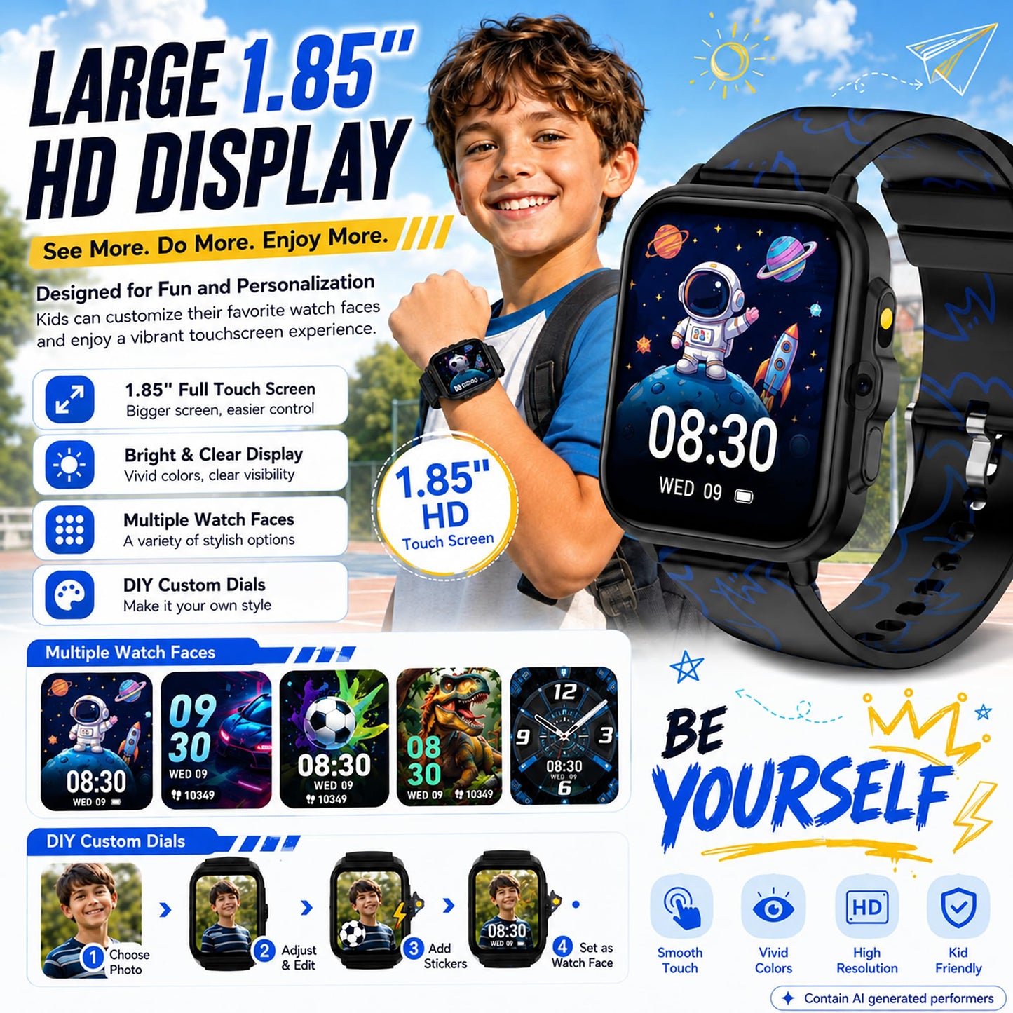 Smart Watch for Kids Boys Age 5-12, Ai Functions Games HD Touch Screen Watches with Video Camera Music Player Pedometer Heart Rate Sleep Tracker Christmas Birthday Gifts for Boys (Camouflage, 1.85")