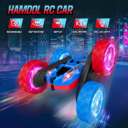 Hamdol Remote Control Car for Kids, 360° Rotating Double-Sided RC Car with LED Headlights, 4WD 2.4GHz Electric Rechargeable Toy Vehicle for Boys and Girls, Perfect Birthday