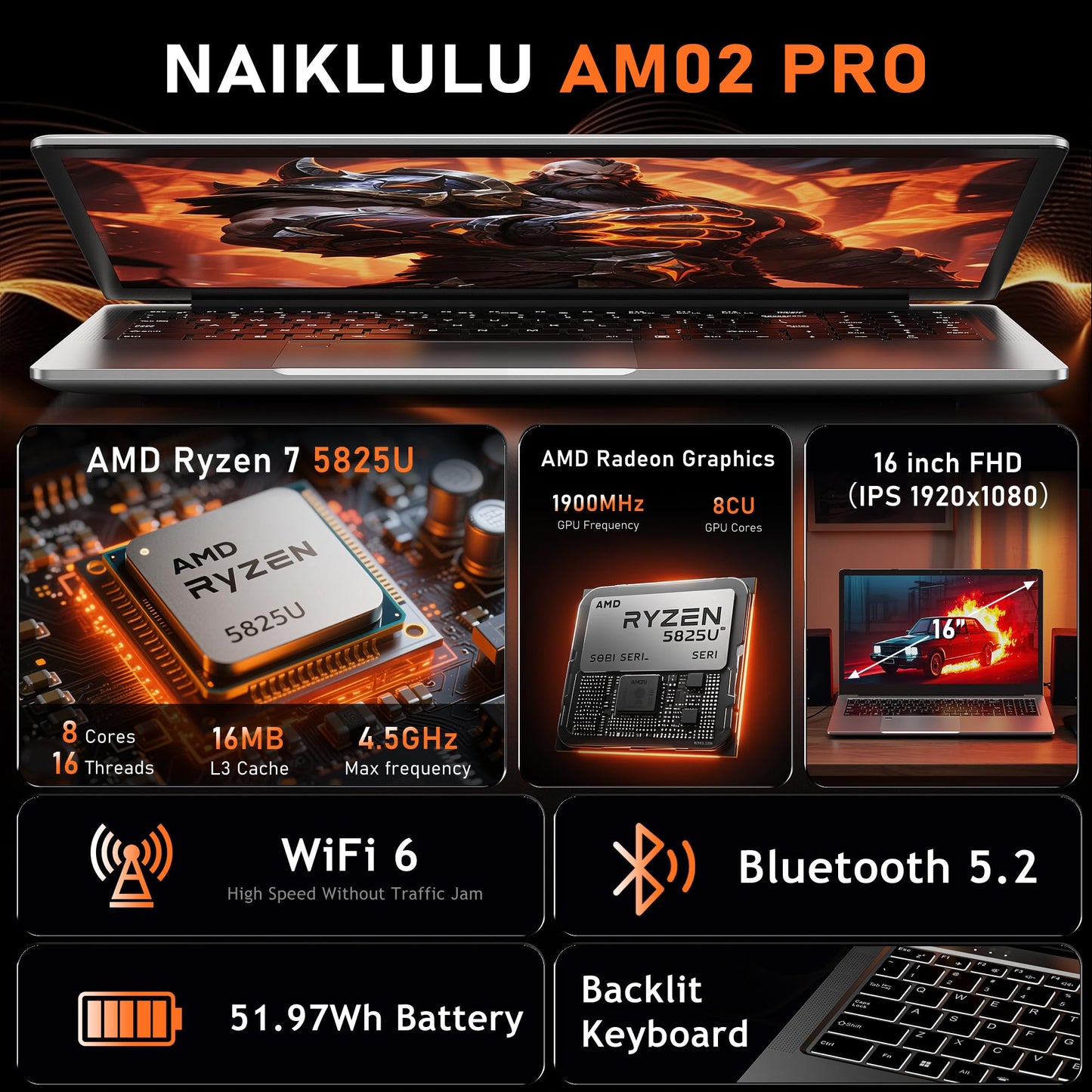 Gaming Laptop, 16 Inch Lap Top Computer 2026 with Ryzen 7 5825U Processor, 16GB DDR4, 1T SSD, Window 11 Pro, Backlit Keyboard, FHD Display 1920*1080P, WiFi 6, HDMI, for Student, Office, Business