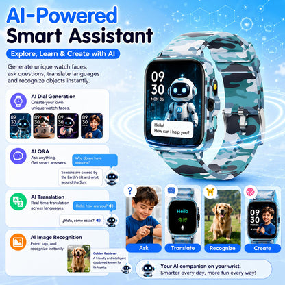 Smart Watch for Kids Boys Age 5-12, Ai Functions Games HD Touch Screen Watches with Video Camera Music Player Pedometer Heart Rate Sleep Tracker Christmas Birthday Gifts for Boys (Camouflage, 1.85")