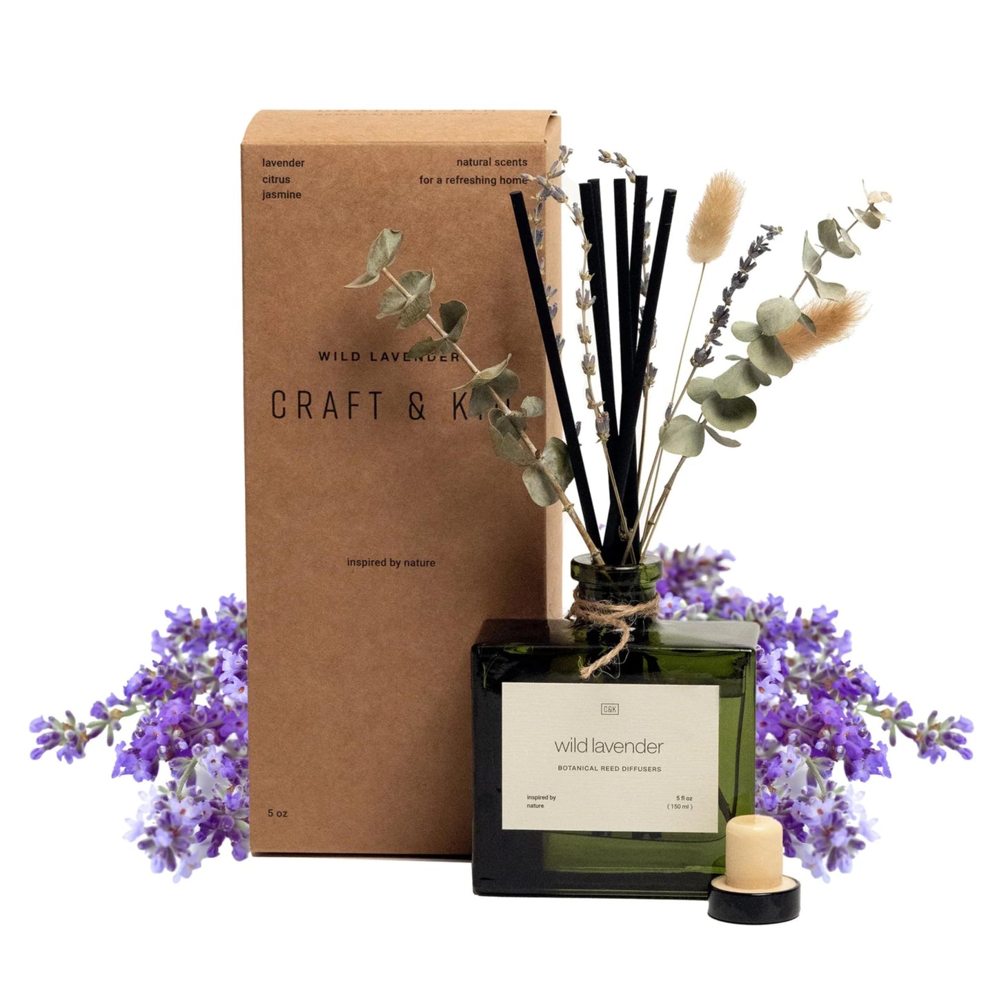 Craft & Kin Reed Diffuser with Dried Flowers | 5 oz Stone Fruit & Sage Scented Holiday Reed Diffusers for Home, Bathroom | Scent Sticks | Elegant Fragrance Home Decor for Men & Women