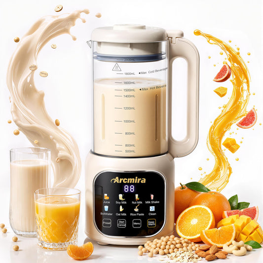 Arcmira 68oz Automatic 8-in-1 Nut Milk Maker, 10 Blades -No Soak, Self-Clean, Delay Start & Keep Warm, for Almond/Soy/Oat Milk, Juice, Boil Water, Shakes - Plant-Based Dairy Free for Family & Party