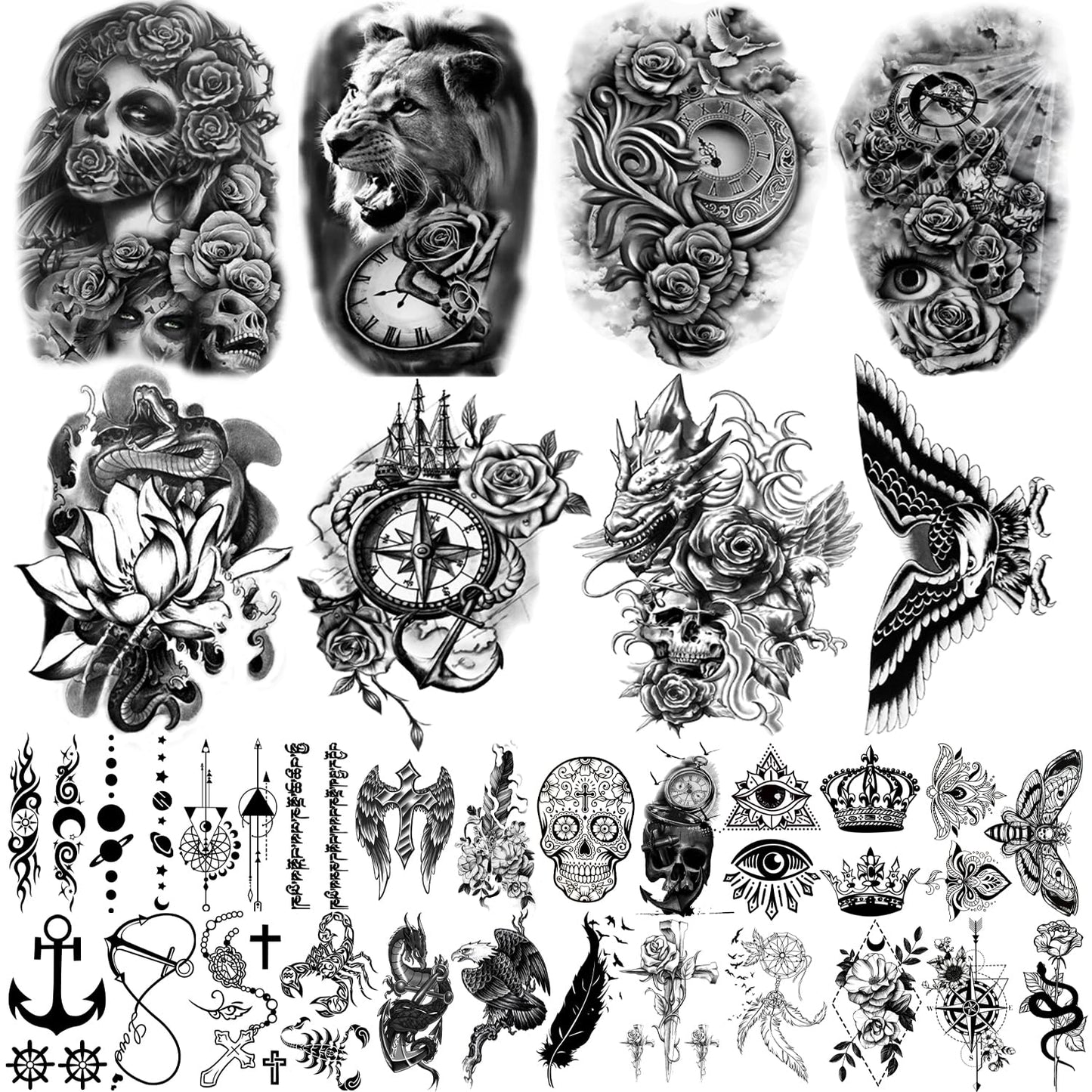Yazhiji 36 Sheets Temporary Tattoos Stickers, 12 Sheets Fake Body Arm Chest Shoulder Tattoos for Men or Women with 24 PCS Tiny Black Tattoos