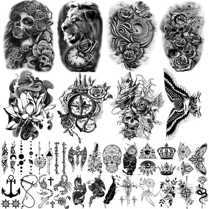 Yazhiji 36 Sheets Temporary Tattoos Stickers, 12 Sheets Fake Body Arm Chest Shoulder Tattoos for Men or Women with 24 PCS Tiny Black Tattoos