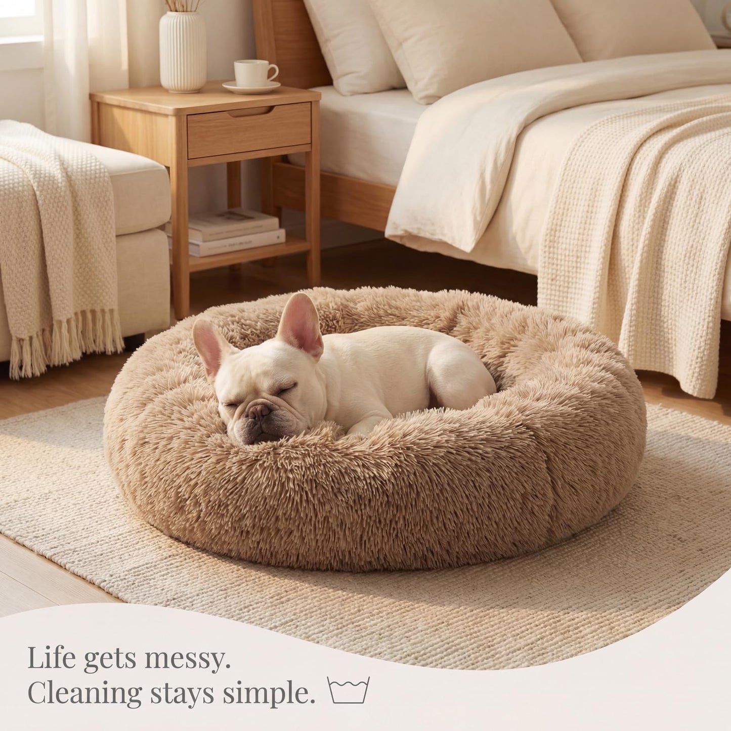 Small Calming Dogs Bed for Small Dogs Anti-Anxiety Machine Washable Fluffy Luxury Anti-Slip Waterproof Mute Base Warming Cozy Soft Pet Puppy Round Bed
