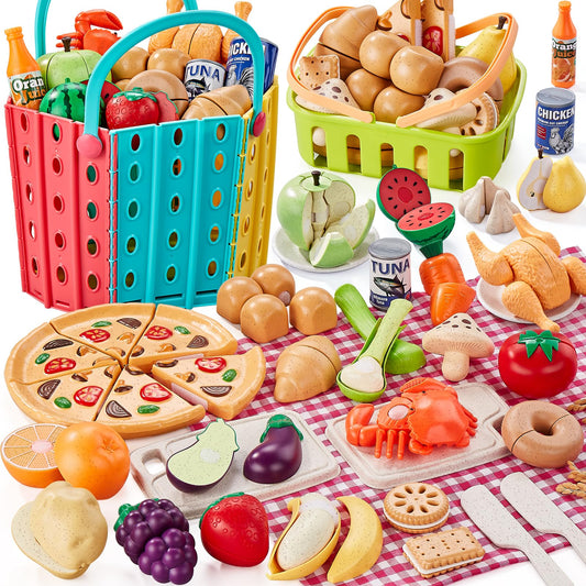 LAUGIGLE Pretend Play Food for Kids Kitchen, 78Pc Cutting Toy Food with Storage Bag