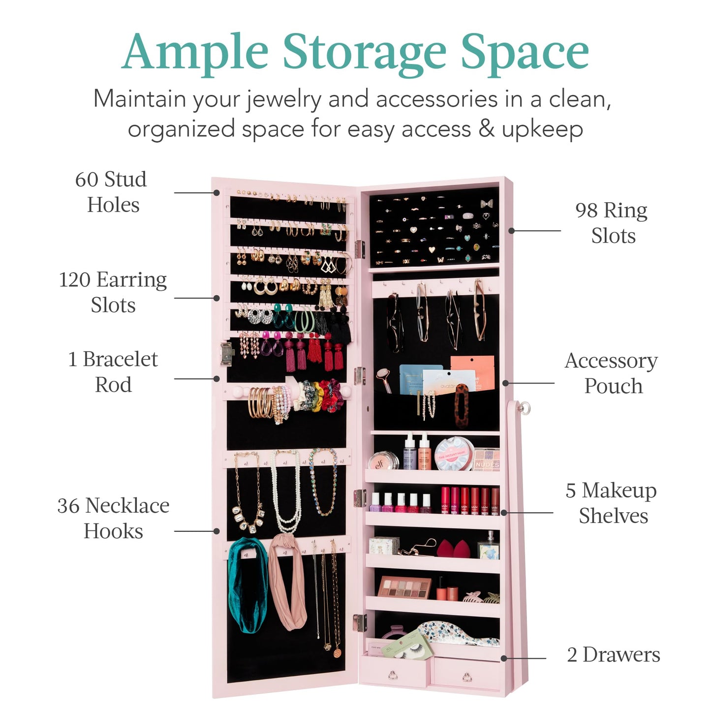 Best Choice Products Freestanding Jewelry Armoire Cabinet, Full Length Standing Mirror, Lockable Makeup Storage Organizer, w/Velvet Lining, 3 Angles, Lock, Accessory Pouch, 5 Shelves - White