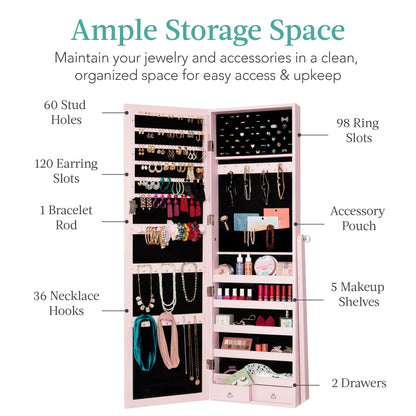 Best Choice Products Freestanding Jewelry Armoire Cabinet, Full Length Standing Mirror, Lockable Makeup Storage Organizer, w/Velvet Lining, 3 Angles, Lock, Accessory Pouch, 5 Shelves - White