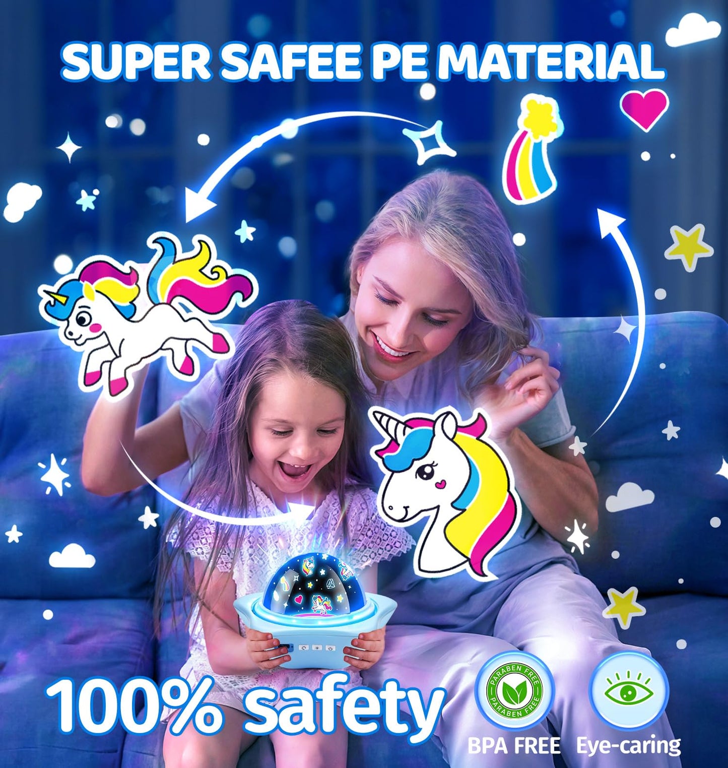 One Fire Girls Toys for Girl Gifts, 6 Films Light Projector Unicorn Toys for Girls Age 4-6, Rechargeable Night Lights for Bedroom, 360° Rotating Decor Mermaid Gifts Princess Baby Toddler Toys