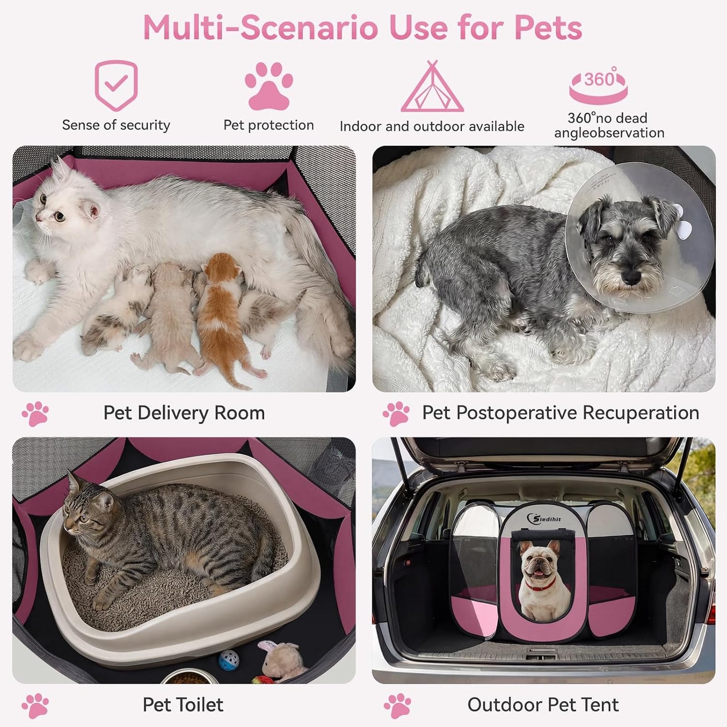 Siedihit Dog Cat Playpen, Puppy Pet Playpen Indoor for Small Dog Crate Tent Cage Outdoor, Portable Pop Up Dogs Enclosure Kennel with Carrying Case for Dogs/Cats/Rabbits(Grey, Small