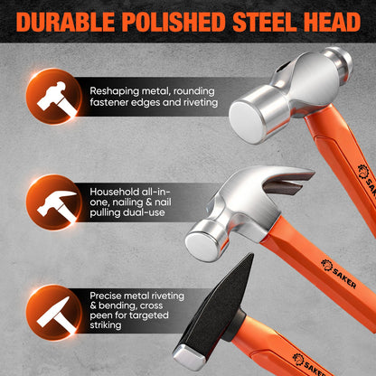Saker 5-Piece Hammer Set,3lb Sledge Hammer,16oz Rubber Mallet, 16oz Ball Peen Hammer & Claw Hammer, 7oz Cross Peen Hammer for Home Repair & DIY Projects