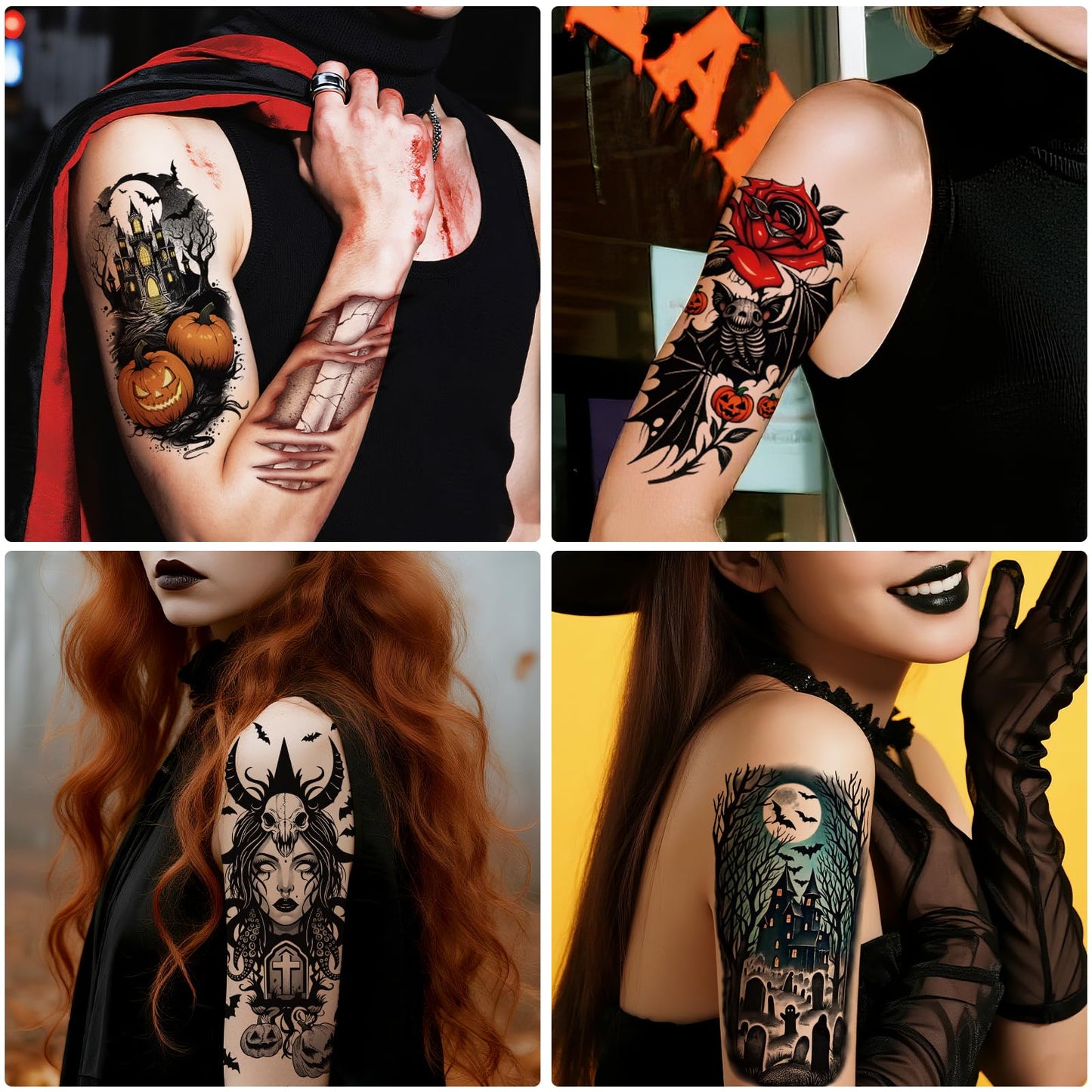 Yazhiji 36 Sheets Temporary Tattoos Stickers, 12 Sheets Fake Body Arm Chest Shoulder Tattoos for Men or Women with 24 PCS Tiny Black Tattoos