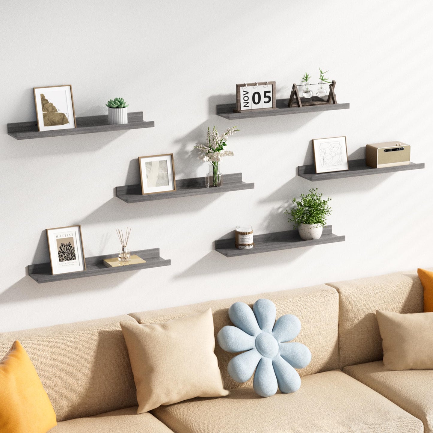upsimples Floating Shelves for Wall, Wall Shelves for Decor Storage Set of 6, Wall Mounted Wood Shelf for Bedroom, Living Room, Bathroom, Kitchen, Picture Ledge Shelf, Black