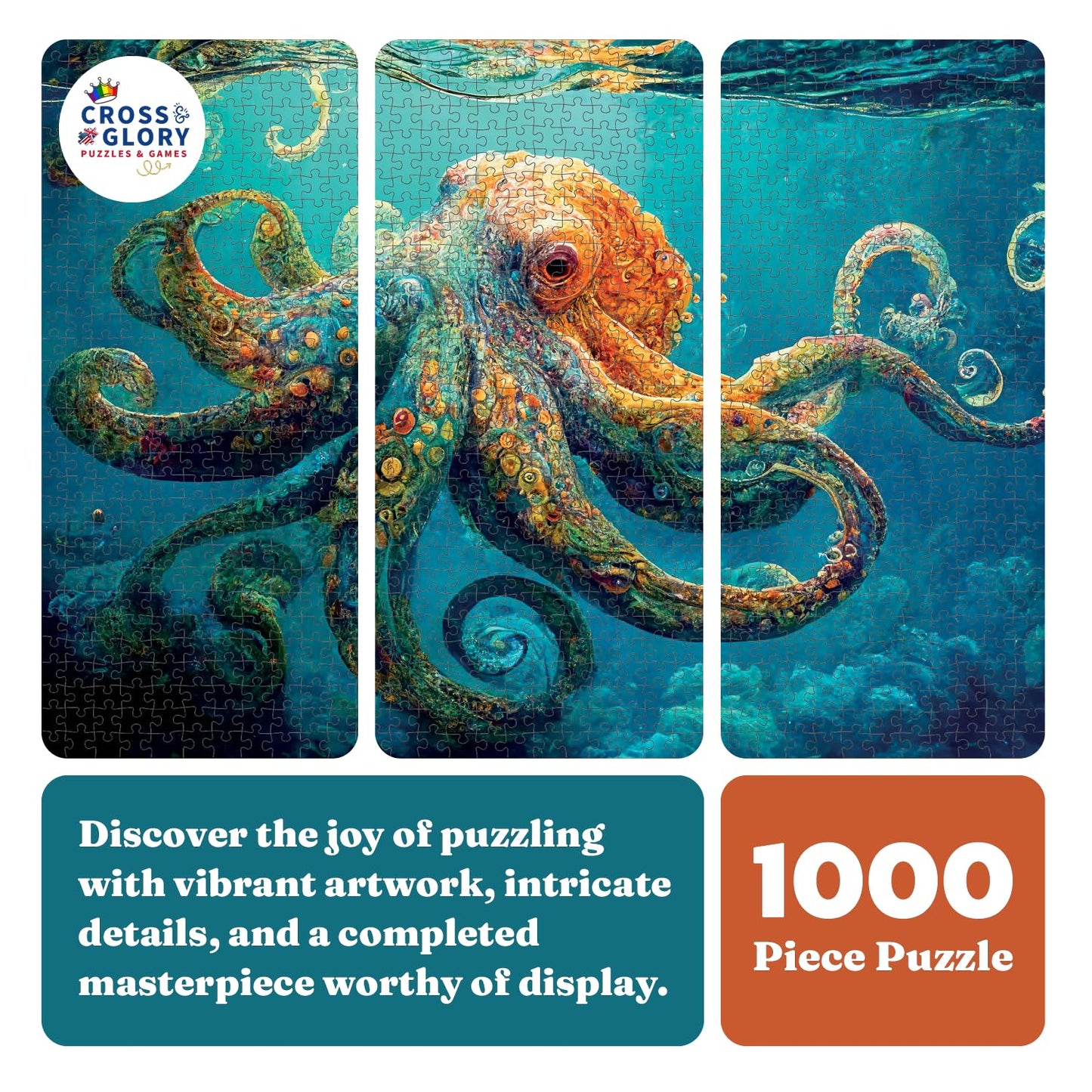 Cross & Glory | Jigsaw Puzzles 1000 Pieces for Adults | Deep Blue Octopus Odyssey | Ocean Octopus Puzzles for Adults | Challenging Brain Teaser Ocean Puzzle | 20 x 27 Inches