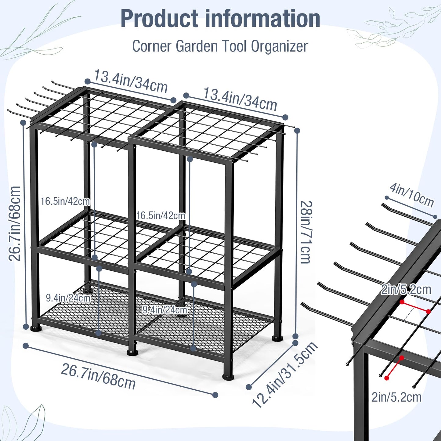 Garden Tool Organizer,Metal Yard Tool Organizer ,Holds 50 Long-Handled Tools/Rakes/Brooms,Side Garden Pocket ,Heavy Duty Steel Yard Tool Storage Rack for Garage,Shed, Outdoor