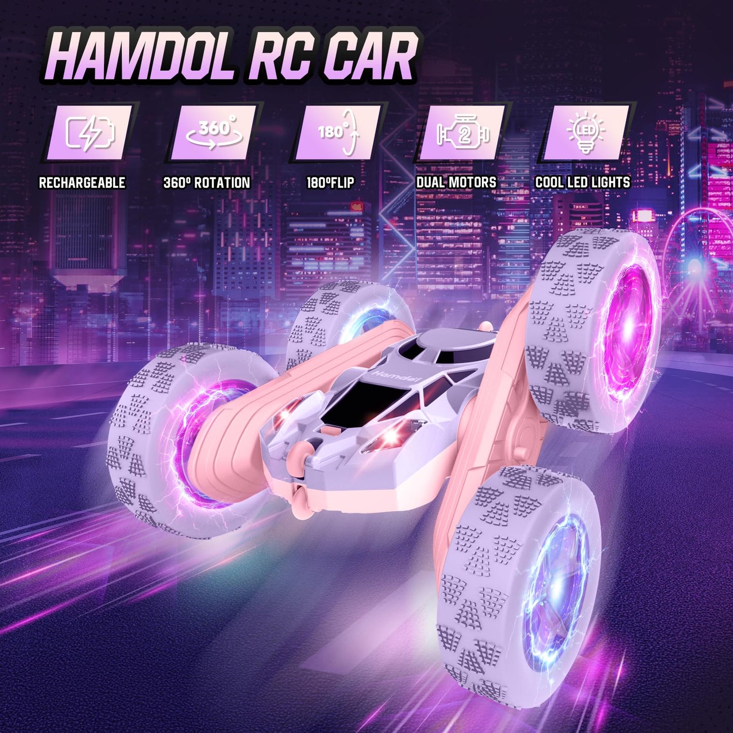 Hamdol Remote Control Car for Kids, 360° Rotating Double-Sided RC Car with LED Headlights, 4WD 2.4GHz Electric Rechargeable Toy Vehicle for Boys and Girls, Perfect Birthday