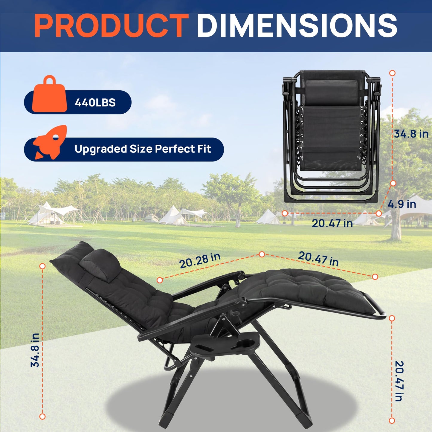 Alpen Zero Gravity Lounge Chair Set of 2, Patio Chair Folding Lounge Chairs for Outside, Portable Camping Chairs with Pillow and Cup Holder, Outdoor Recliner for Beach Outdoor Camping, Black