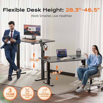 Huuger 55 x 28 Large Electric Standing Desk, Height Adjustable Computer Desk, 27.6" Deep Desktop, Stand up Gaming Office Table with 2 Hooks, 3 Preset Heights, for Home Office, Black
