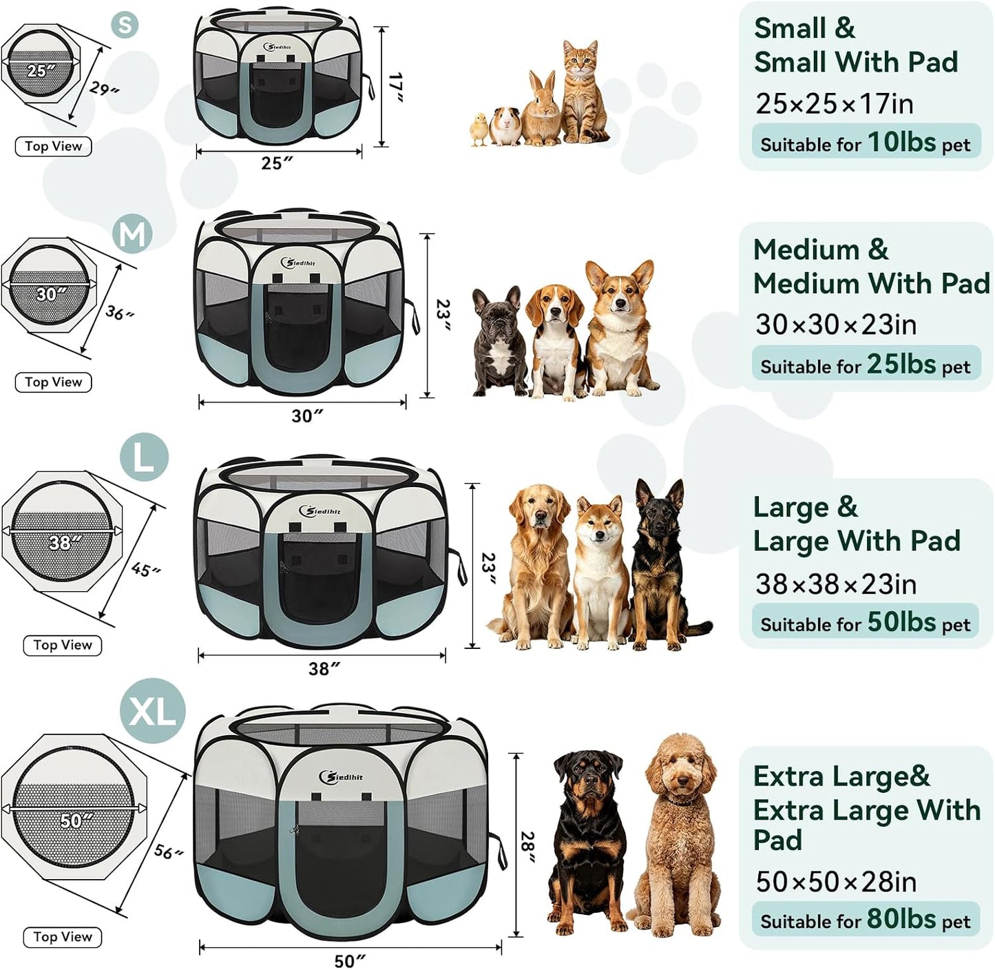 Siedihit Dog Cat Playpen, Puppy Pet Playpen Indoor for Small Dog Crate Tent Cage Outdoor, Portable Pop Up Dogs Enclosure Kennel with Carrying Case for Dogs/Cats/Rabbits(Grey, Small